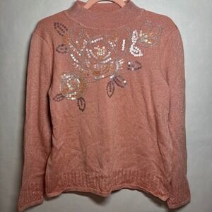 Alfred Dunner Women's Pink Sparkle Metallic Shimmer Sequin Rose Grandma Sweater